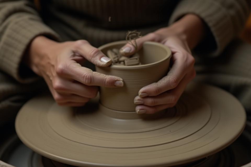 Artisan pottery workshop with hands creating ceramic piece