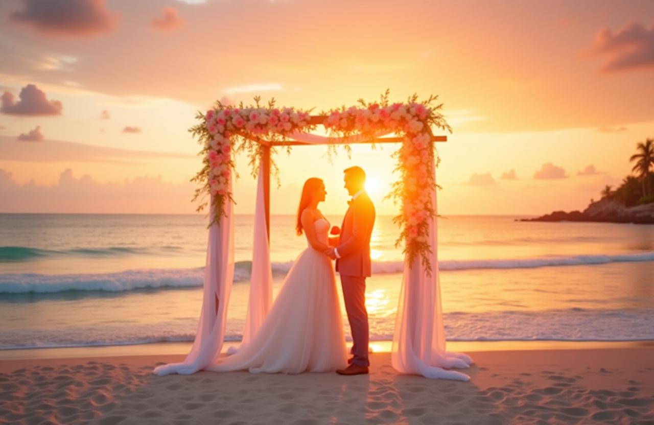 Beach wedding ceremony at tropical paradise during sunset
