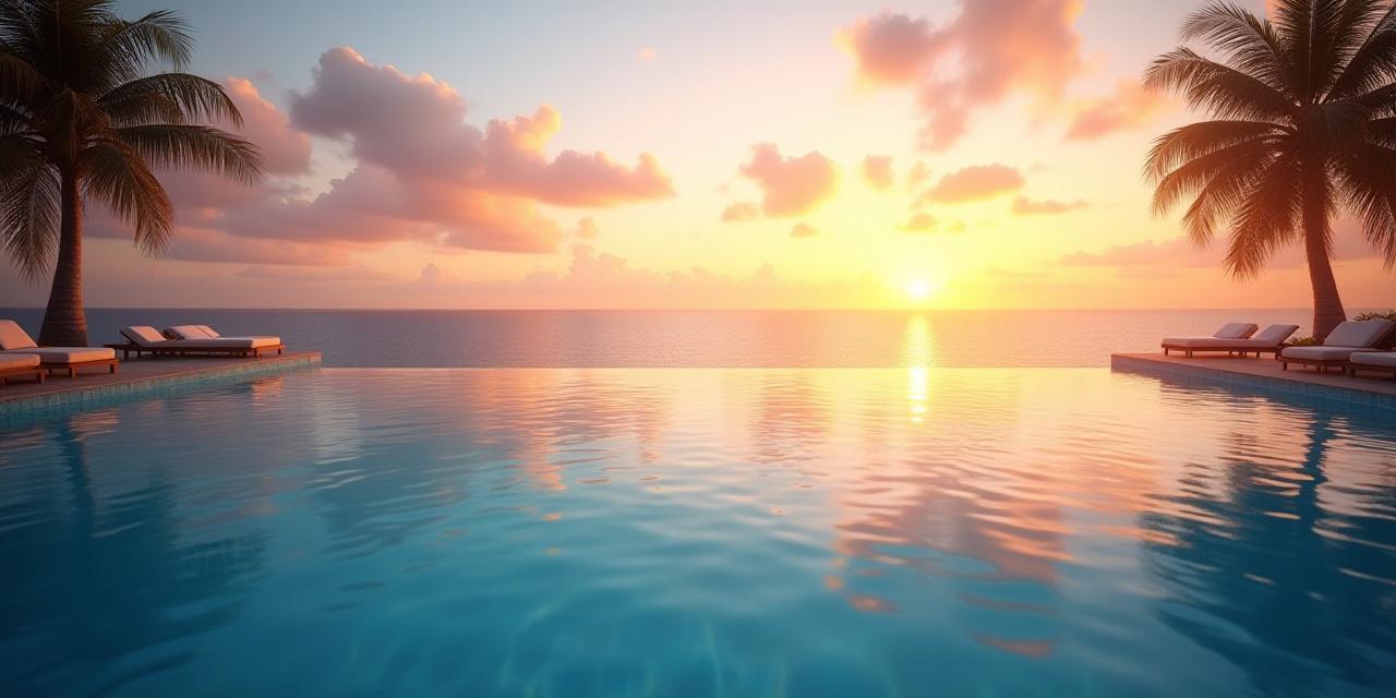 Luxury resort infinity pool with ocean sunset view